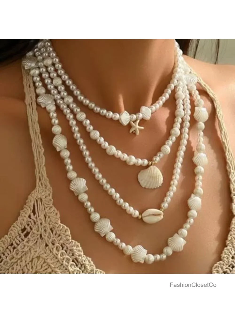 Layered Pearl & Seashell Necklace for Women Summer Beach Jewelry